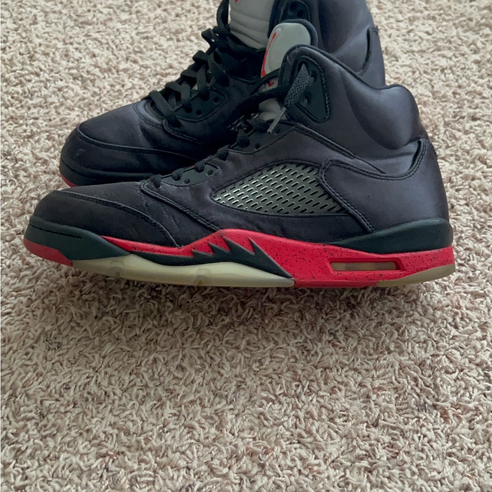 Black and Red Satin Bred Jordan 5 Men's Sneakers
